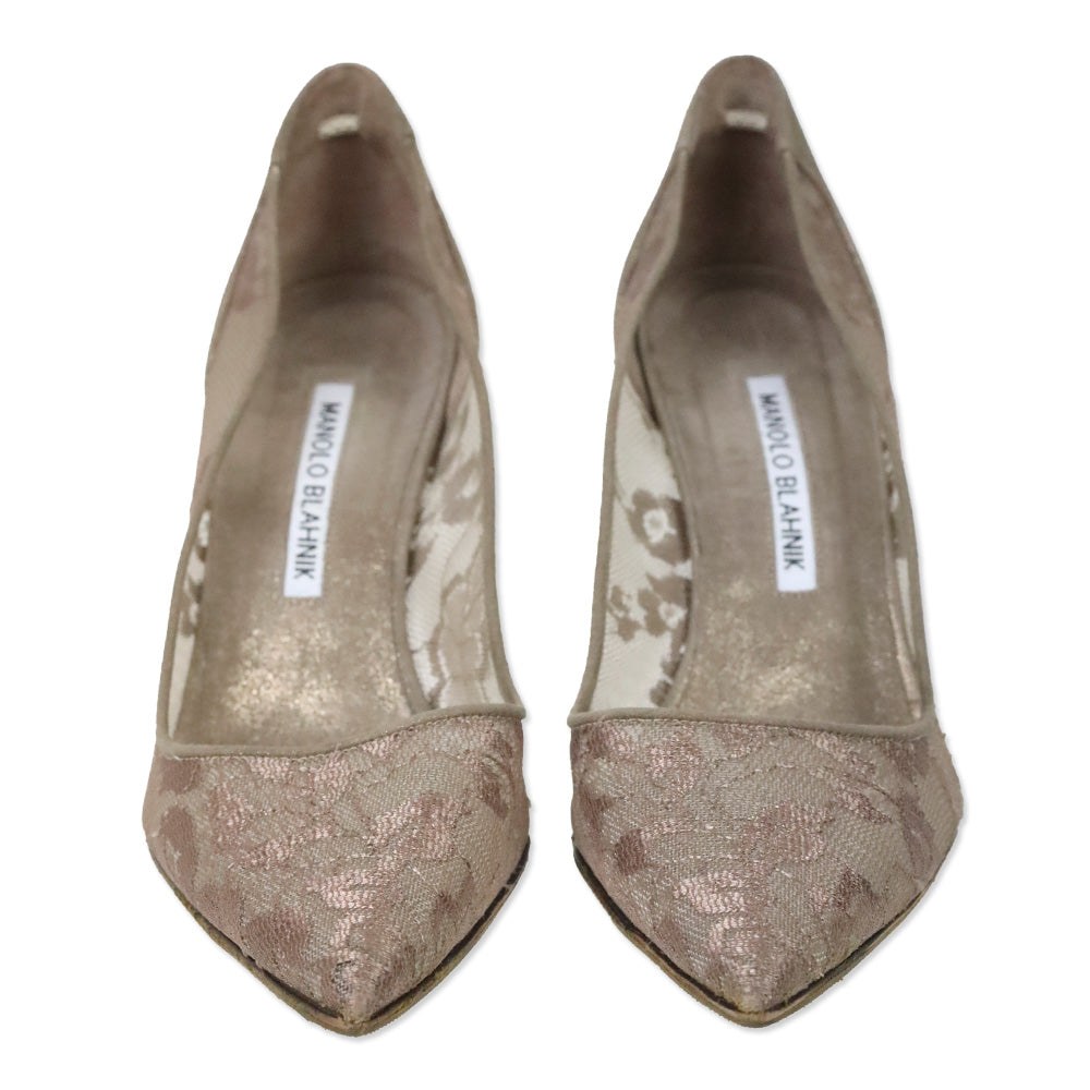 Manolo Blahnik Taupe Glitter Suede/Mesh Floral Lace Pumps