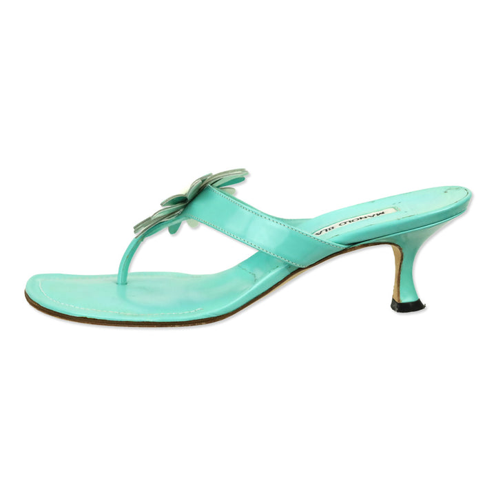 Manolo Blahnik Teal Patent Leather Flower Appliqué Thong Sandal