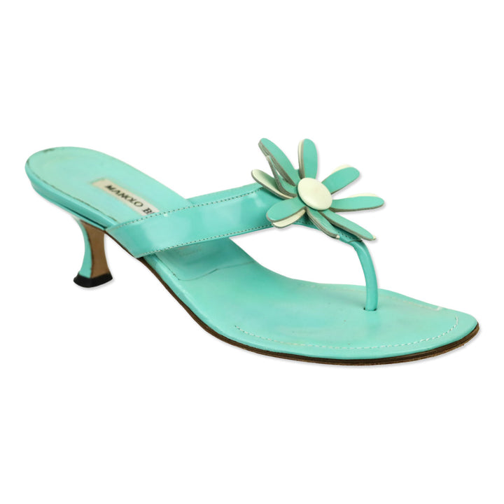 Manolo Blahnik Teal Patent Leather Flower Appliqué Thong Sandal