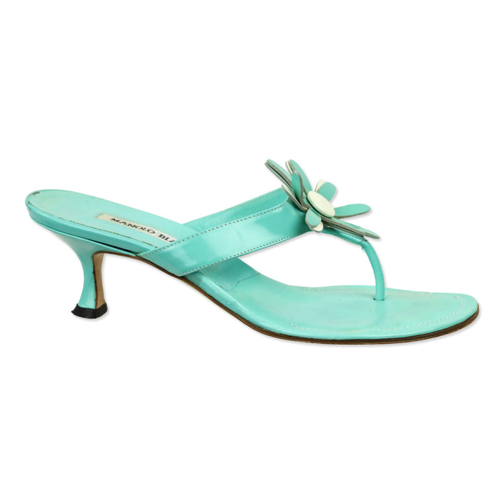 Manolo Blahnik Teal Patent Leather Flower Appliqué Thong Sandal