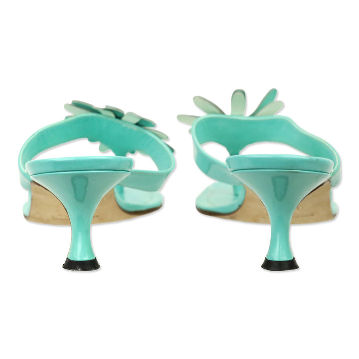 Manolo Blahnik Teal Patent Leather Flower Appliqué Thong Sandal