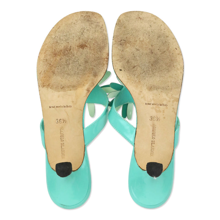 Manolo Blahnik Teal Patent Leather Flower Appliqué Thong Sandal