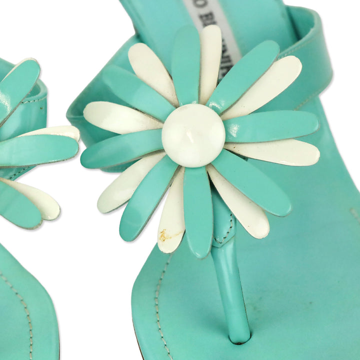 Manolo Blahnik Teal Patent Leather Flower Appliqué Thong Sandal
