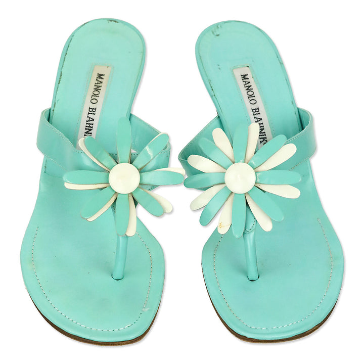 Manolo Blahnik Teal Patent Leather Flower Appliqué Thong Sandal