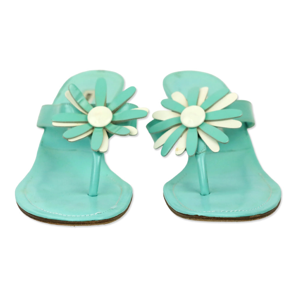 Manolo Blahnik Teal Patent Leather Flower Appliqué Thong Sandal