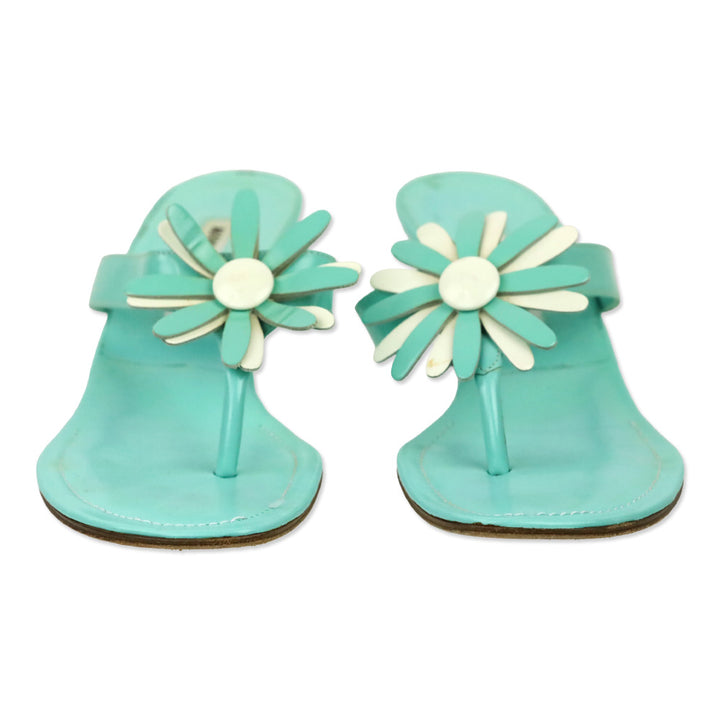 Manolo Blahnik Teal Patent Leather Flower Appliqué Thong Sandal