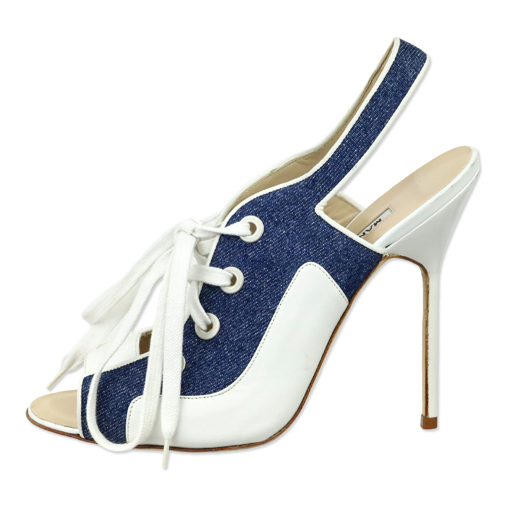 Manolo Blahnik White Leather/Blue Denim Lace-Up Sandals