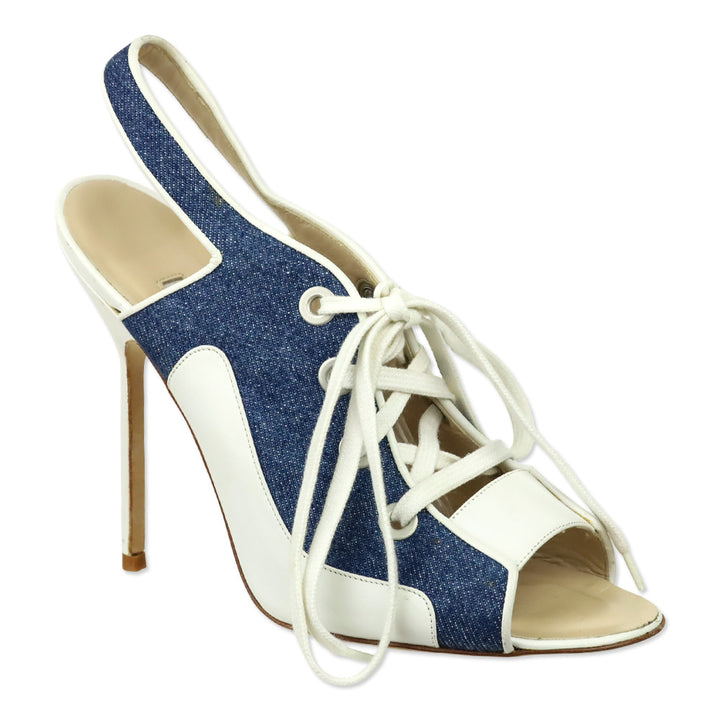 Manolo Blahnik White Leather/Blue Denim Lace-Up Sandals