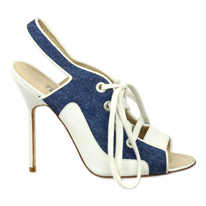 Manolo Blahnik White Leather/Blue Denim Lace-Up Sandals