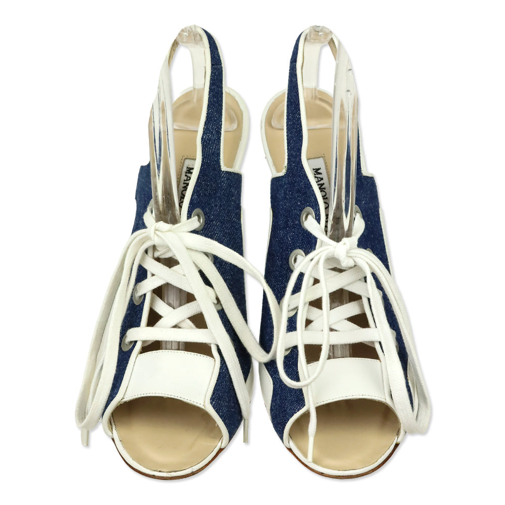 Manolo Blahnik White Leather/Blue Denim Lace-Up Sandals