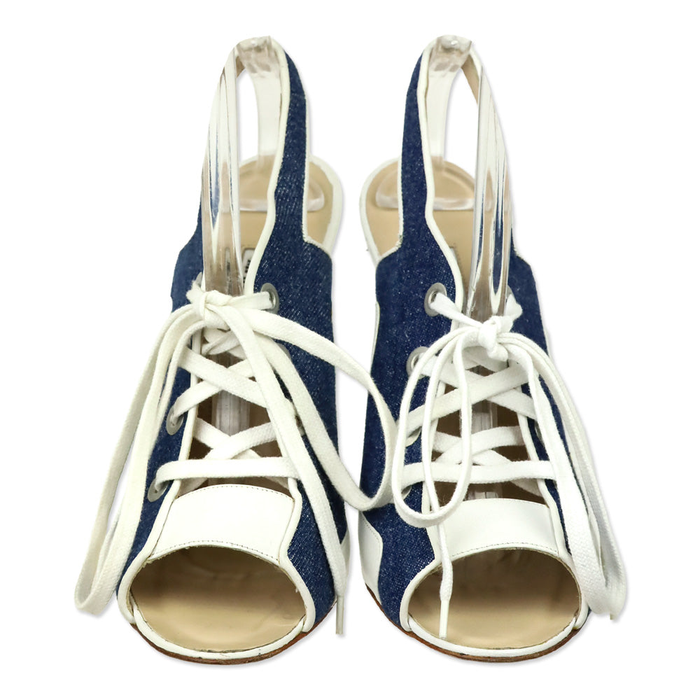 Manolo Blahnik White Leather/Blue Denim Lace-Up Sandals