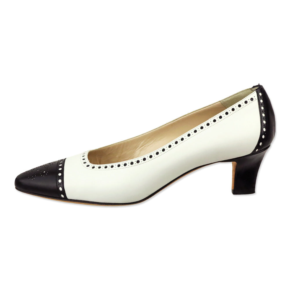 Manolo Blahnik White/Black Leather Brogue Pump