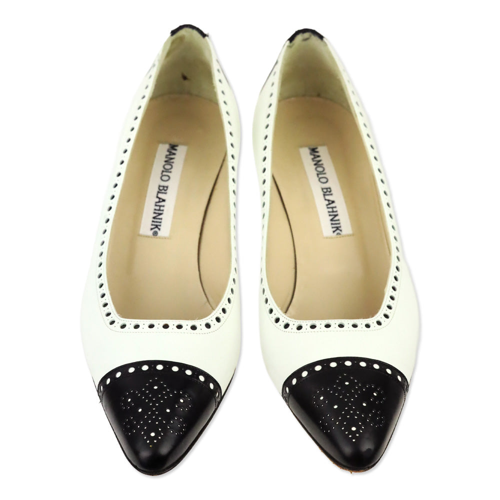 Manolo Blahnik White/Black Leather Brogue Pump