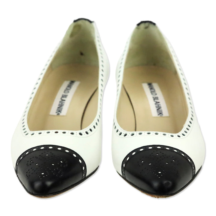 Manolo Blahnik White/Black Leather Brogue Pump
