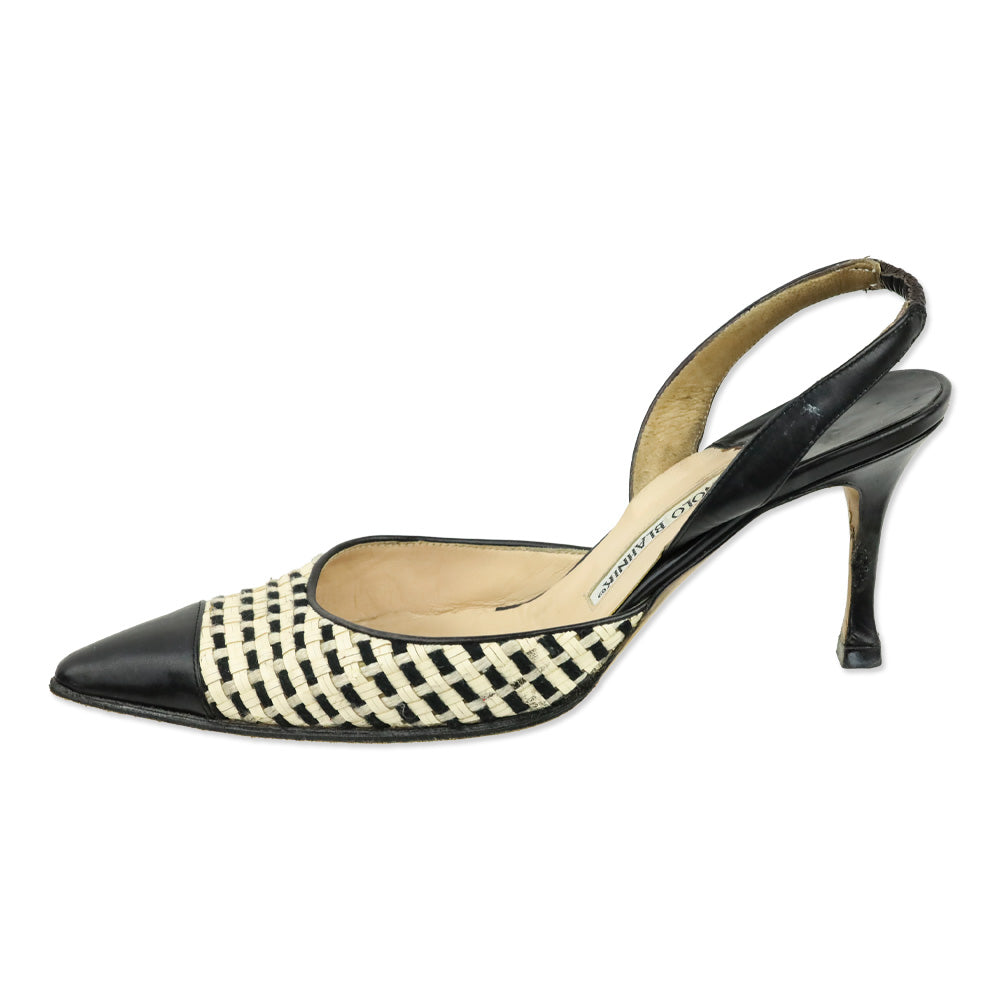 Manolo Blahnik White/Black Woven Slingback Pump with Leather Trim