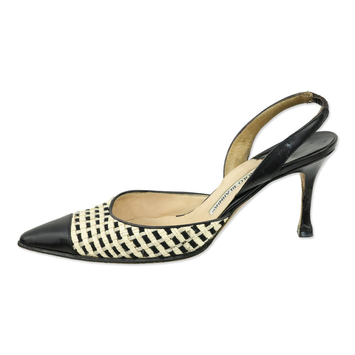 Manolo Blahnik White/Black Woven Slingback Pump with Leather Trim