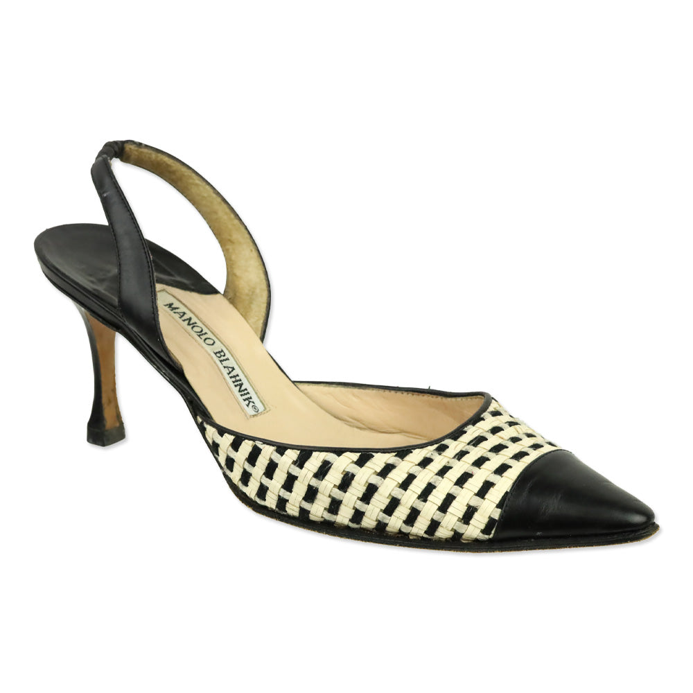 Manolo Blahnik White/Black Woven Slingback Pump with Leather Trim
