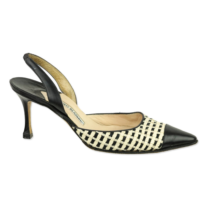 Manolo Blahnik White/Black Woven Slingback Pump with Leather Trim