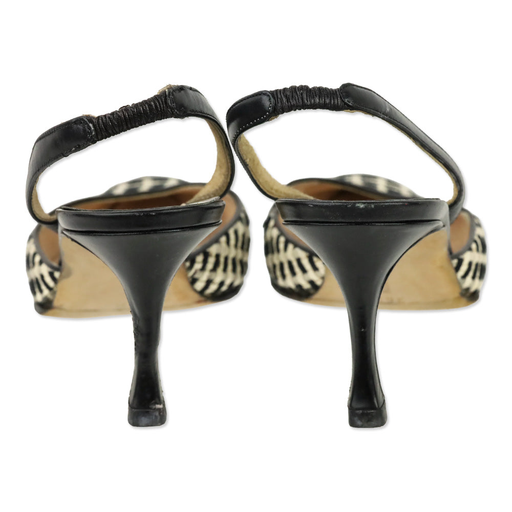 Manolo Blahnik White/Black Woven Slingback Pump with Leather Trim