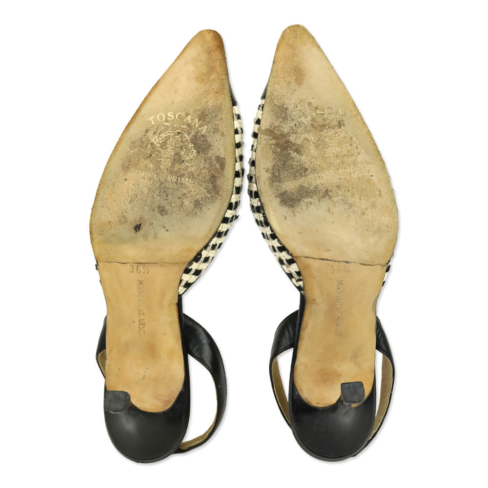 Manolo Blahnik White/Black Woven Slingback Pump with Leather Trim