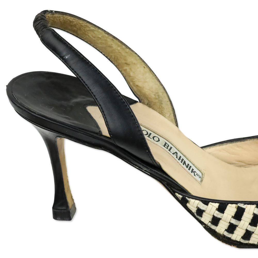 Manolo Blahnik White/Black Woven Slingback Pump with Leather Trim