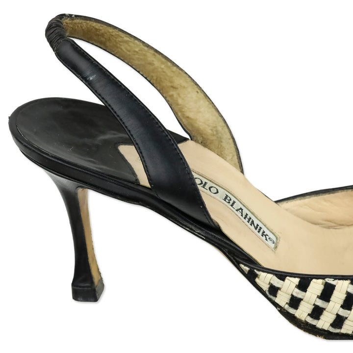 Manolo Blahnik White/Black Woven Slingback Pump with Leather Trim