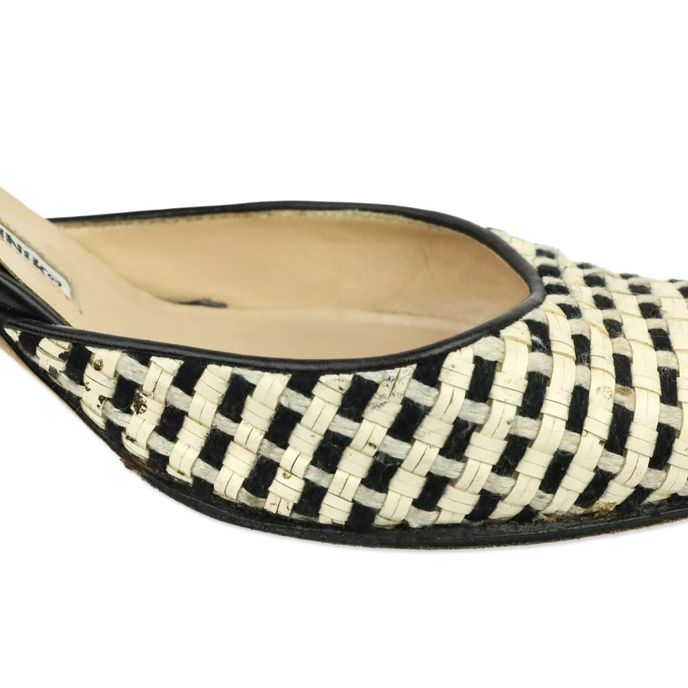 Manolo Blahnik White/Black Woven Slingback Pump with Leather Trim