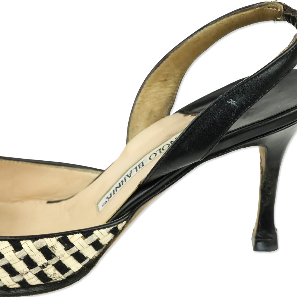 Manolo Blahnik White/Black Woven Slingback Pump with Leather Trim