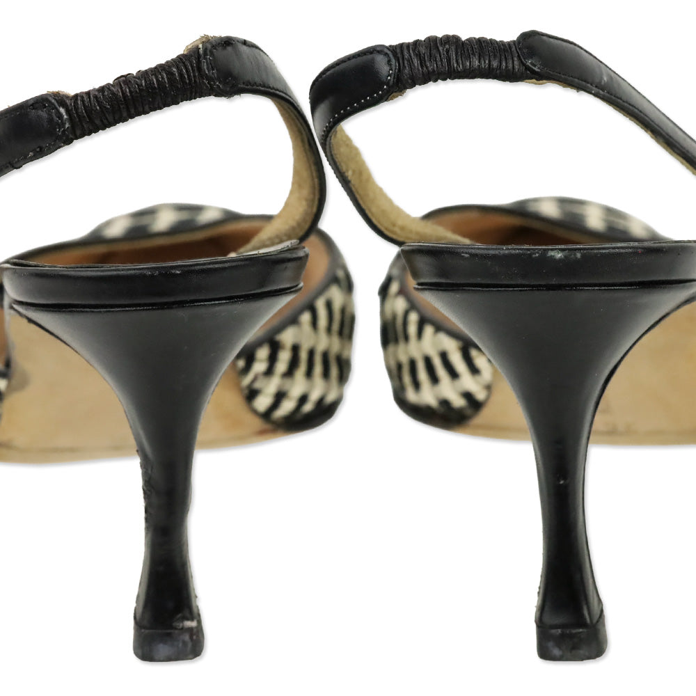 Manolo Blahnik White/Black Woven Slingback Pump with Leather Trim