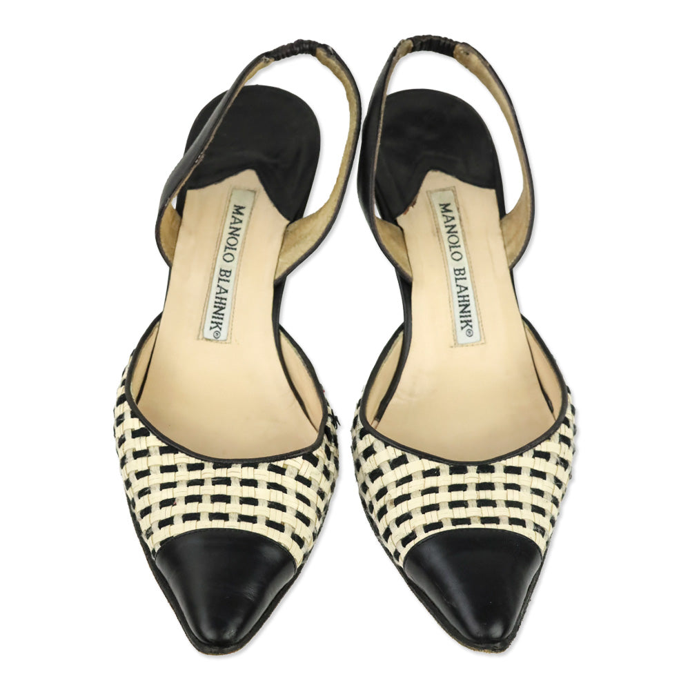 Manolo Blahnik White/Black Woven Slingback Pump with Leather Trim