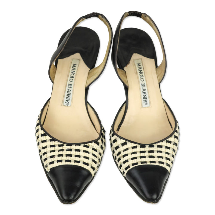 Manolo Blahnik White/Black Woven Slingback Pump with Leather Trim