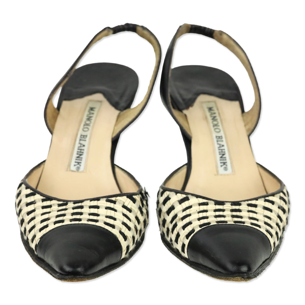 Manolo Blahnik White/Black Woven Slingback Pump with Leather Trim
