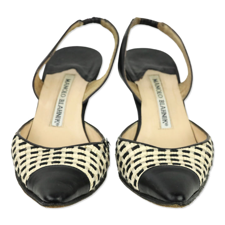 Manolo Blahnik White/Black Woven Slingback Pump with Leather Trim