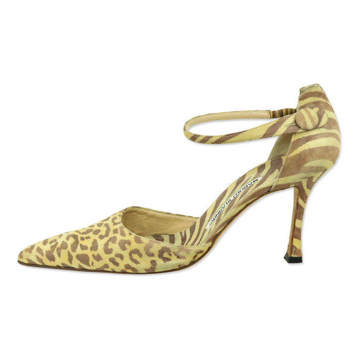 Manolo Blahnik Yellow/Brown Animal Print Suede Ankle D'Orsay Pump