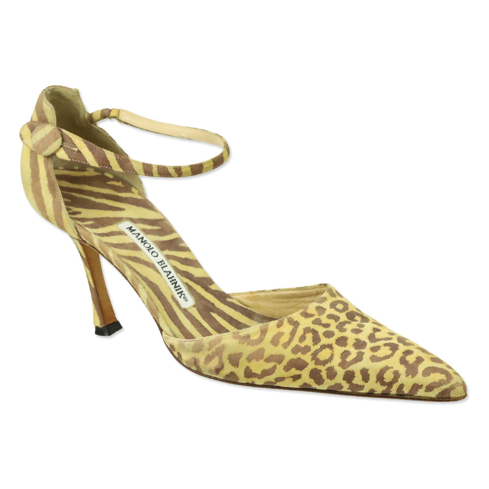 Manolo Blahnik Yellow/Brown Animal Print Suede Ankle D'Orsay Pump