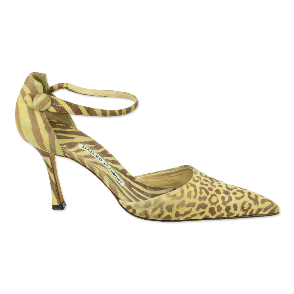 Manolo Blahnik Yellow/Brown Animal Print Suede Ankle D'Orsay Pump