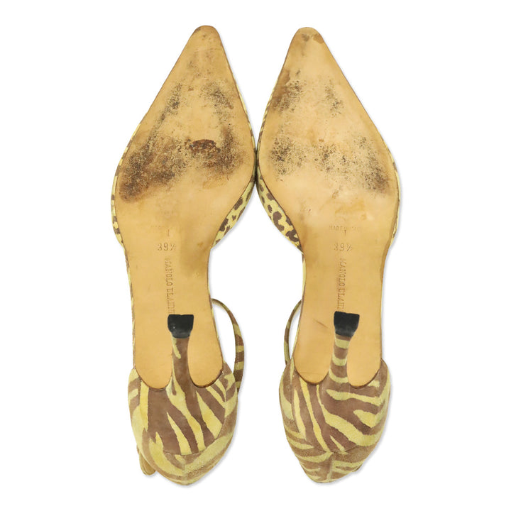 Manolo Blahnik Yellow/Brown Animal Print Suede Ankle D'Orsay Pump