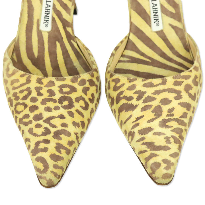 Manolo Blahnik Yellow/Brown Animal Print Suede Ankle D'Orsay Pump