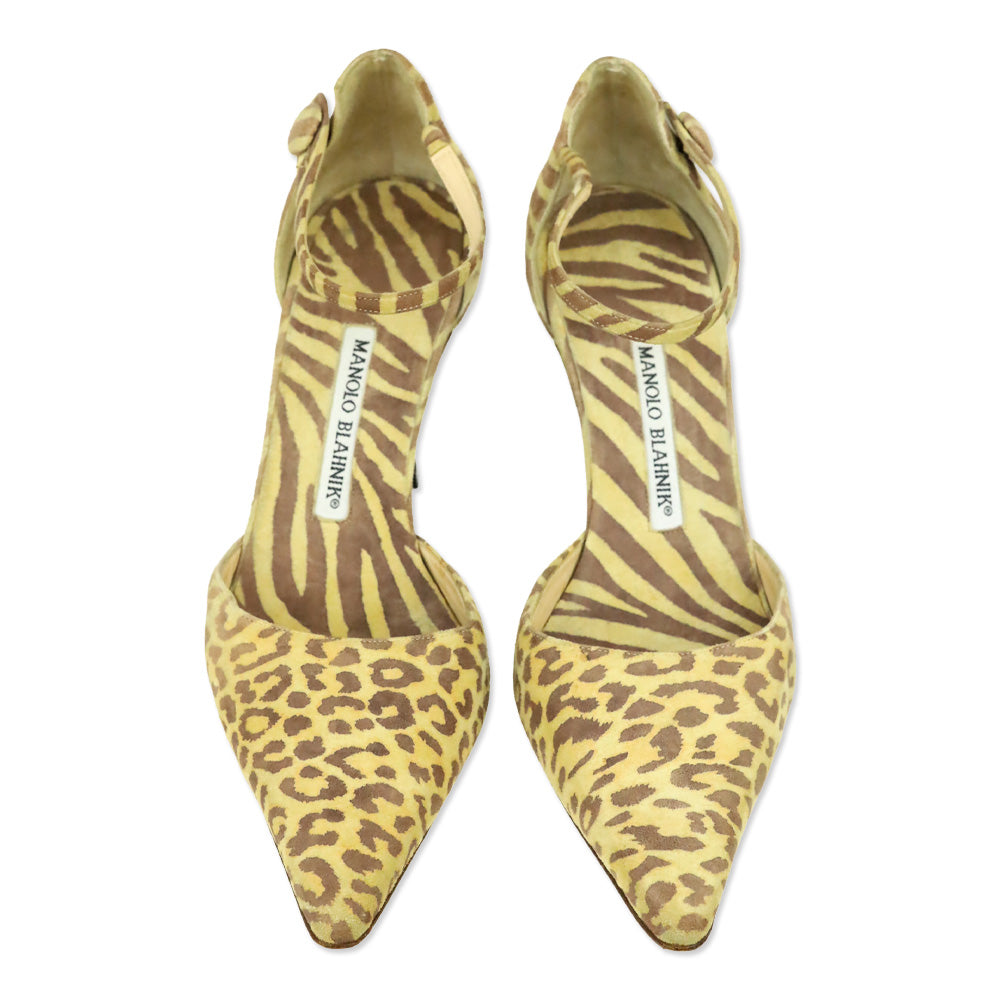 Manolo Blahnik Yellow/Brown Animal Print Suede Ankle D'Orsay Pump