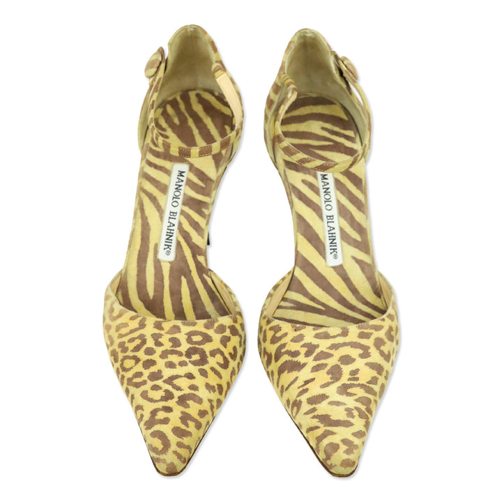Manolo Blahnik Yellow/Brown Animal Print Suede Ankle D'Orsay Pump
