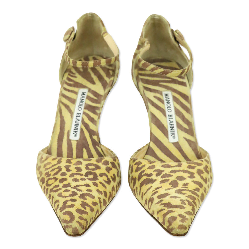 Manolo Blahnik Yellow/Brown Animal Print Suede Ankle D'Orsay Pump