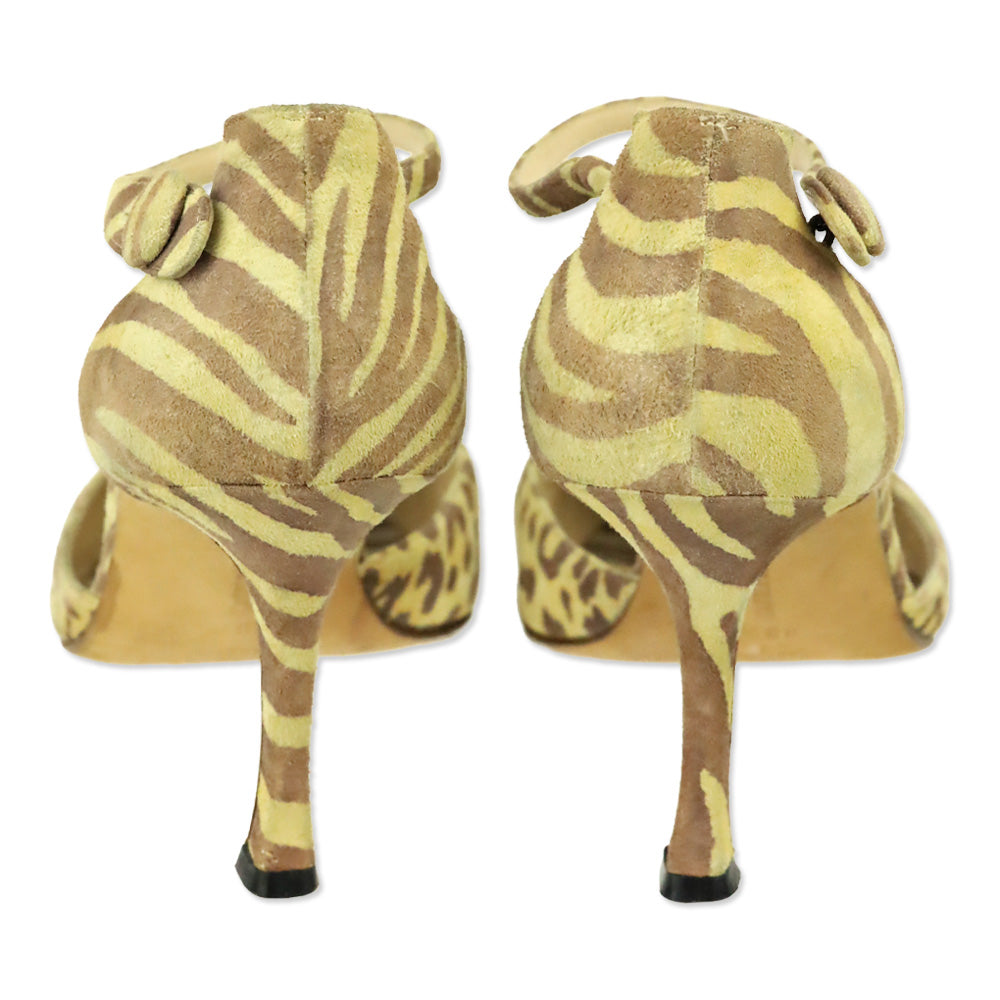 Manolo Blahnik Yellow/Brown Animal Print Suede Ankle D'Orsay Pump
