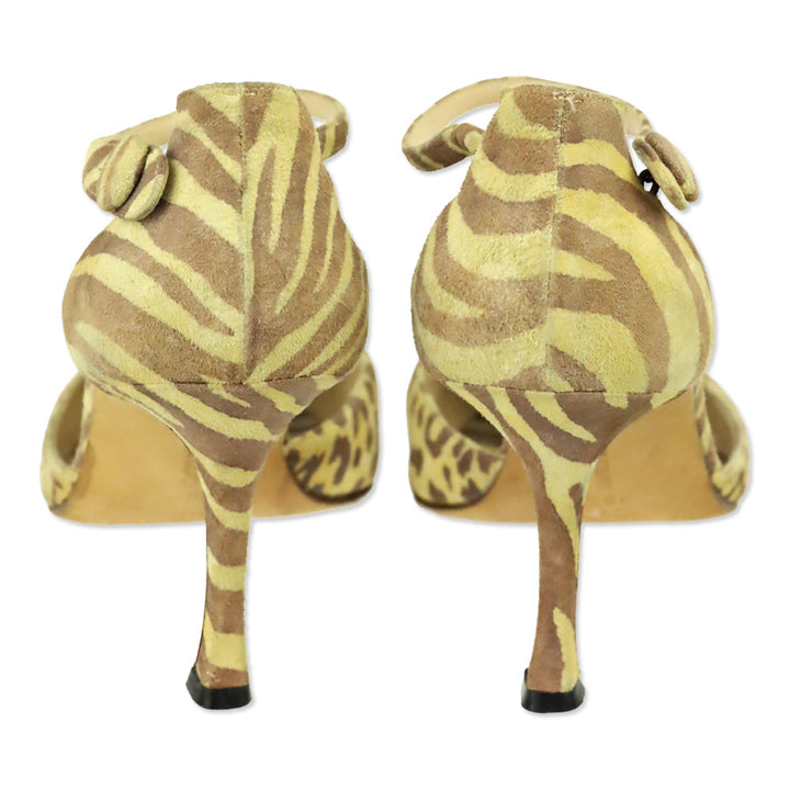 Manolo Blahnik Yellow/Brown Animal Print Suede Ankle D'Orsay Pump