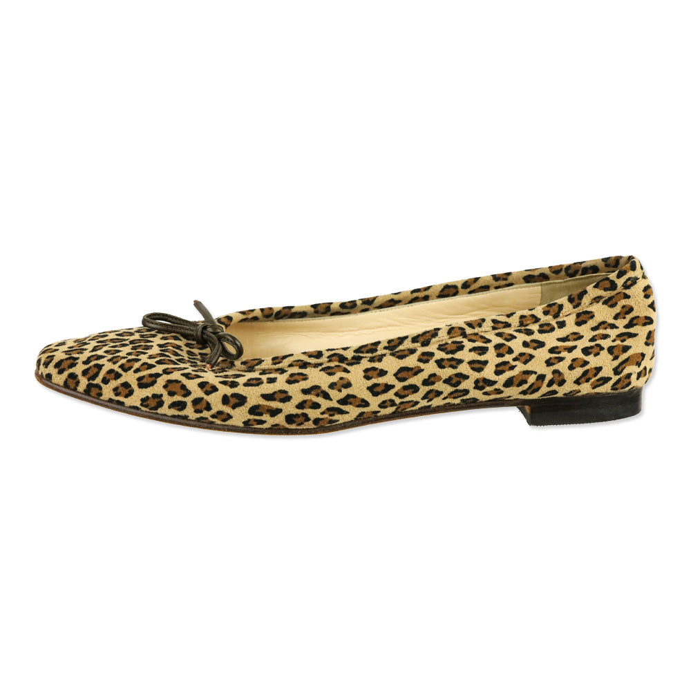 Manolo Leopard-Print Suede Bow Ballet Flats