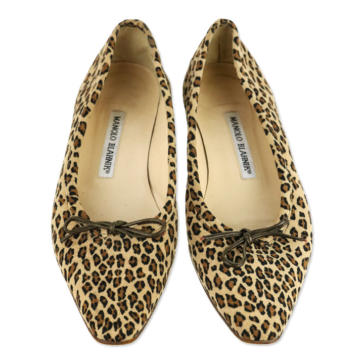 Manolo Leopard-Print Suede Bow Ballet Flats