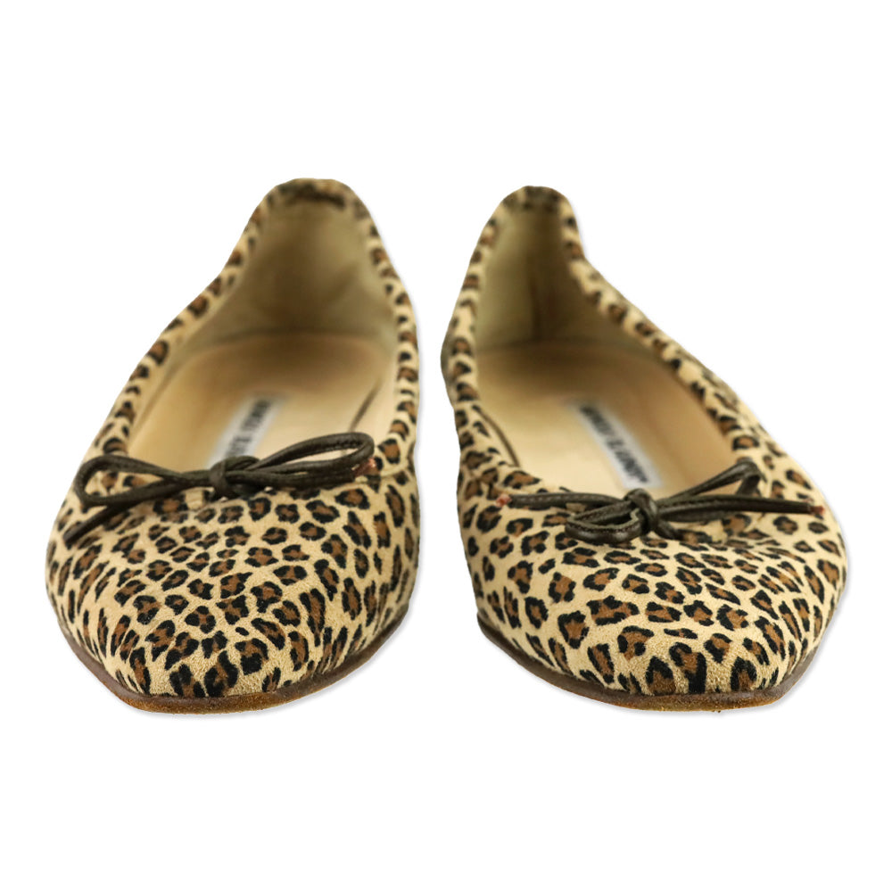Manolo Leopard-Print Suede Bow Ballet Flats