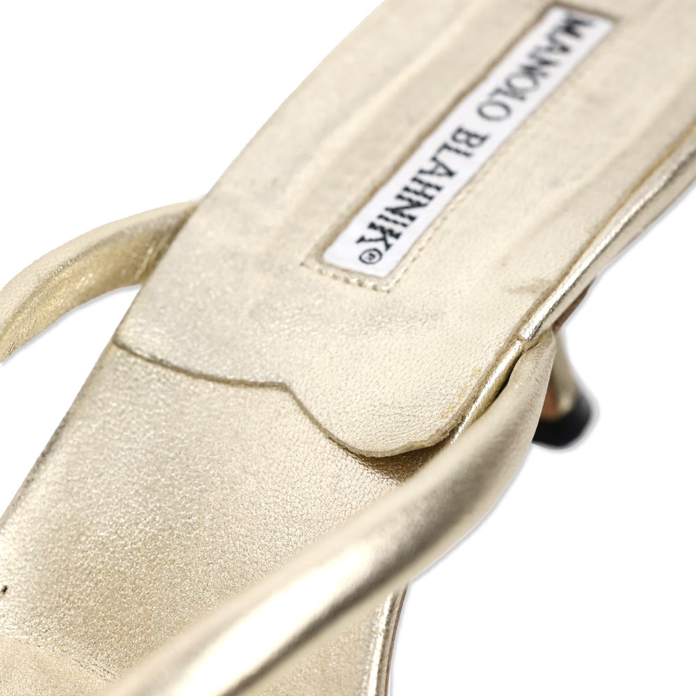 Manolo Blahnik Metallic Gold Leather Kitten Heel Thong Sandal