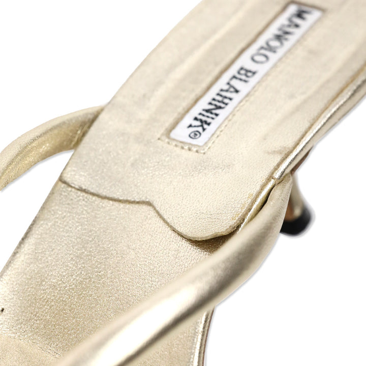 Manolo Blahnik Metallic Gold Leather Kitten Heel Thong Sandal