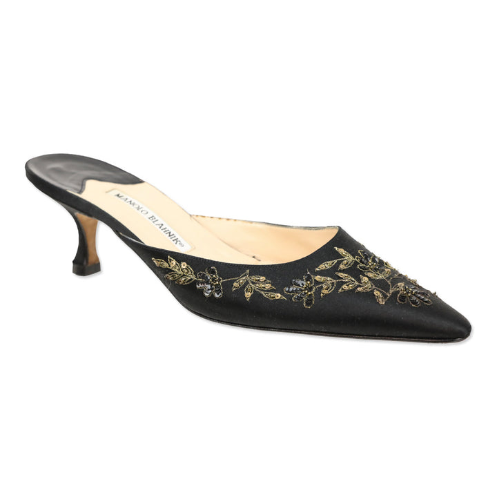 Manolo Blahnik Sequin Embroidered Black Satin Mules