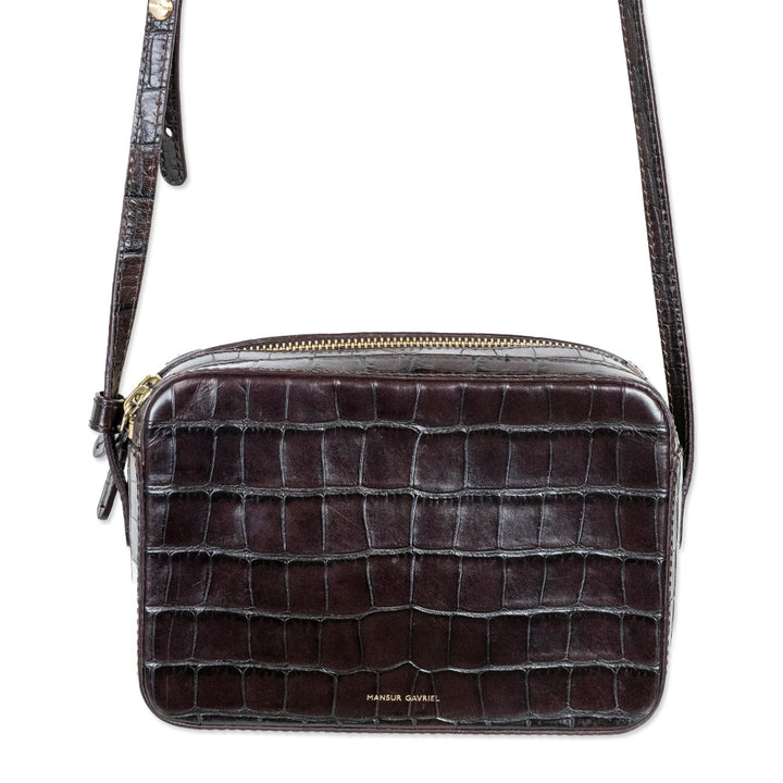 Mansur Gavriel Croc-Embossed Brown Leather Double-Zip Camera Crossbody Bag